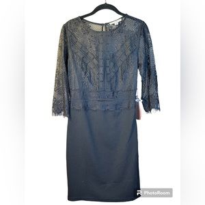 Haute Monde Black Lace Dress 3/4 Length Eyelash Sleeves - Size Small